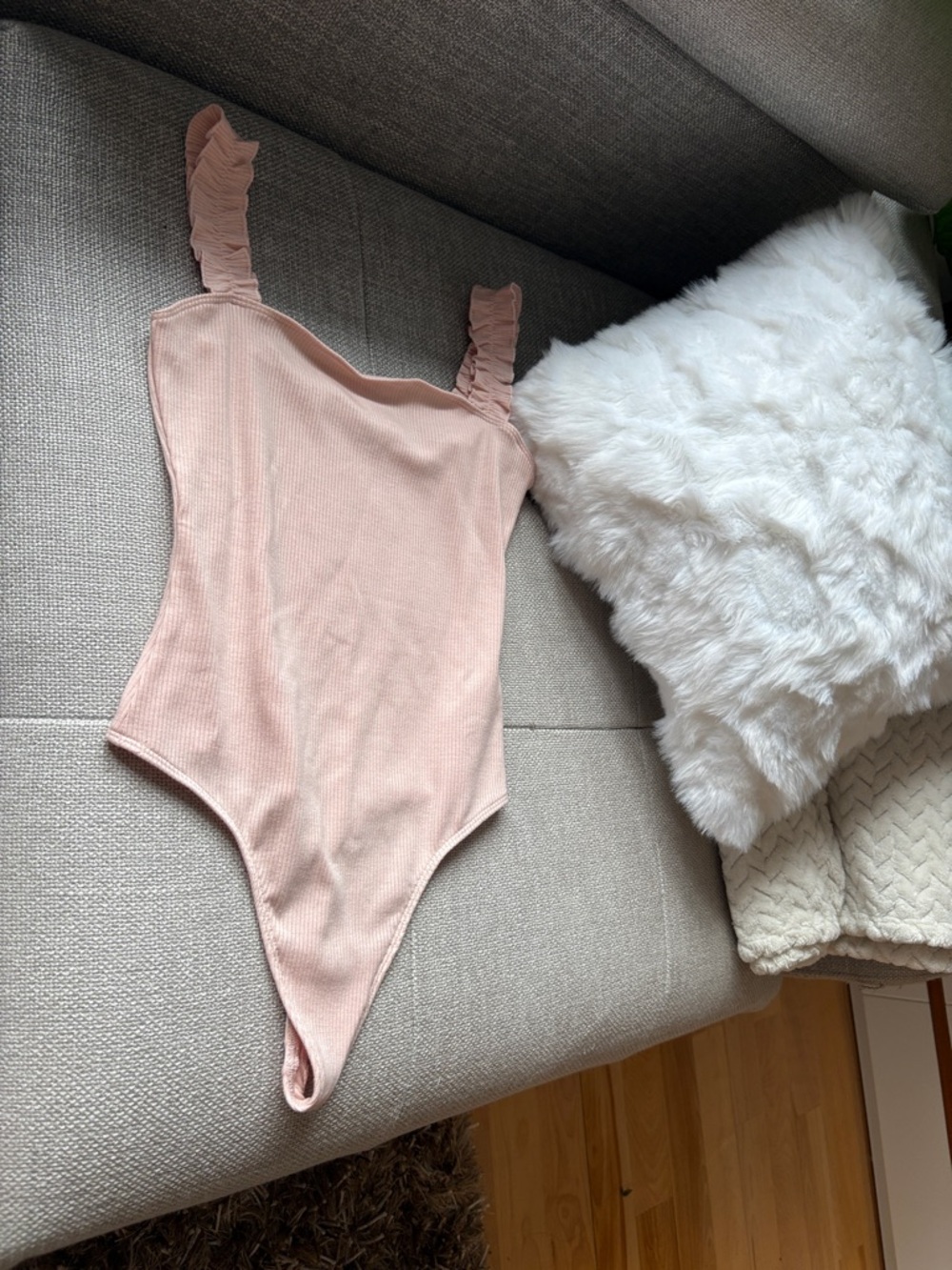 Sunday Best Soft Pink Ribbed One-Piece with Ruffle Straps - Picture 3 of 8